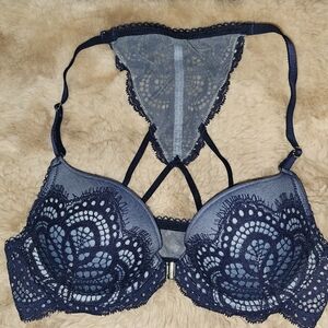 Like New VS Dream Angels Push-up 34A Elegant Blue Lace Racerback Front Clasp Bra